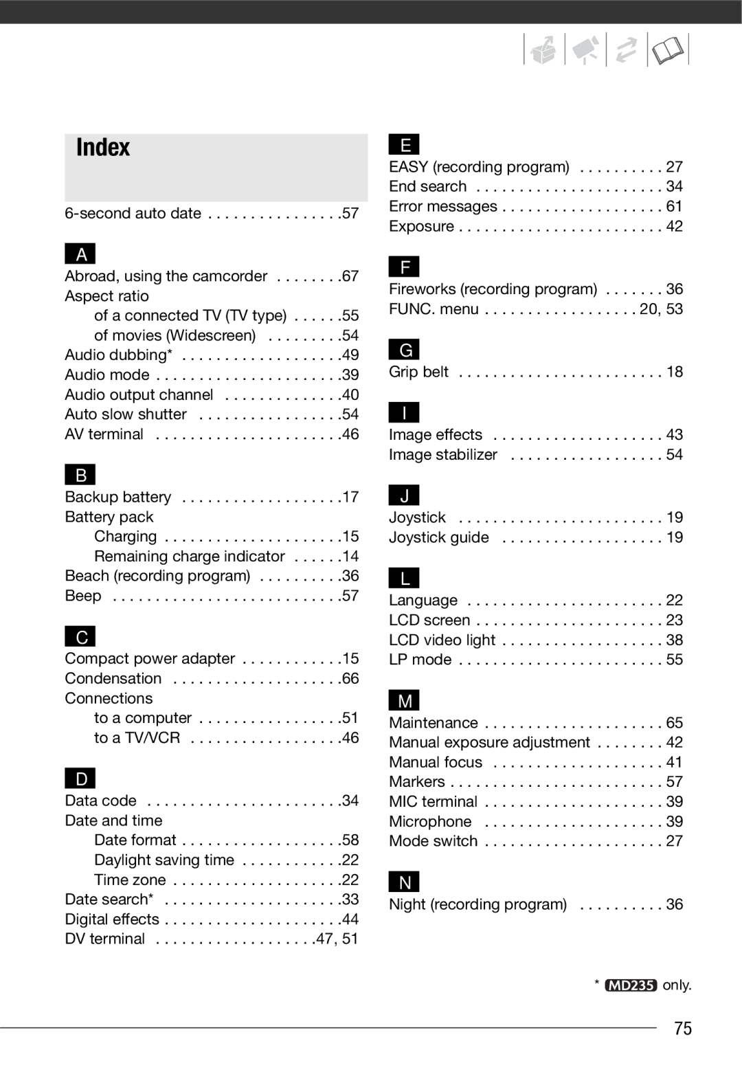 Canon MD235, MD216, MD205, MD215 instruction manual Index, Grip belt, Night recording program 