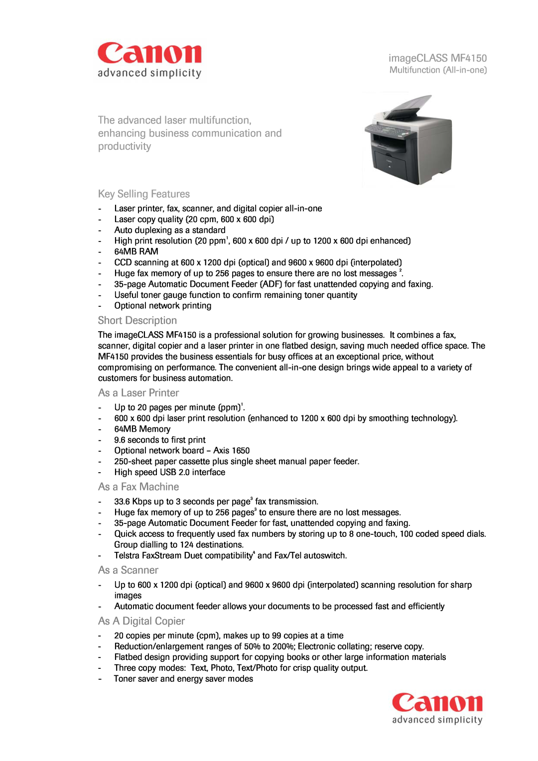 Canon MF4150 manual Short Description, As a Laser Printer, As a Fax Machine, As a Scanner, As A Digital Copier 