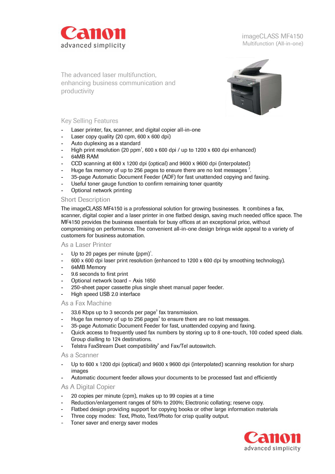 Canon MF4150 manual Short Description, As a Laser Printer, As a Fax Machine, As a Scanner, As a Digital Copier 