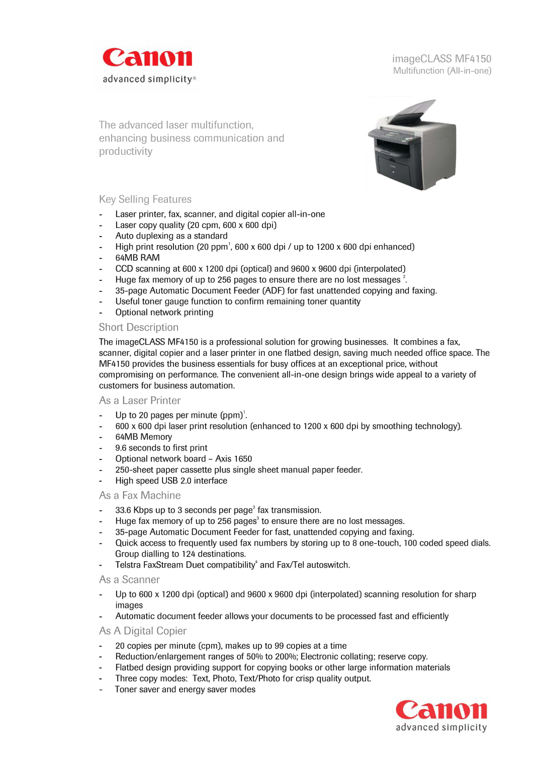 Canon MF4150 manual Short Description, As a Laser Printer, As a Fax Machine, As a Scanner, As a Digital Copier 