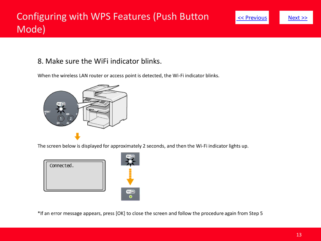 Canon MF4570dw manual Configuring with WPS Features Push Button, Mode, Make sure the WiFi indicator blinks 