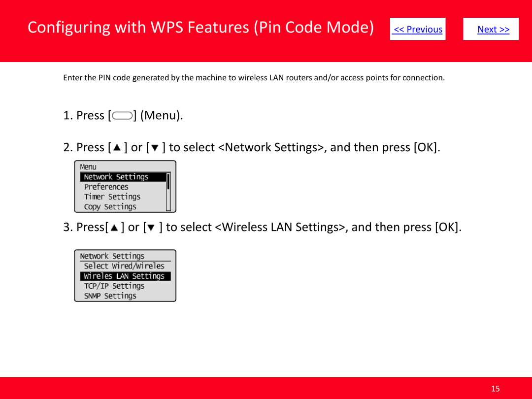 Canon MF4570dw manual Configuring with WPS Features Pin Code Mode Previous 