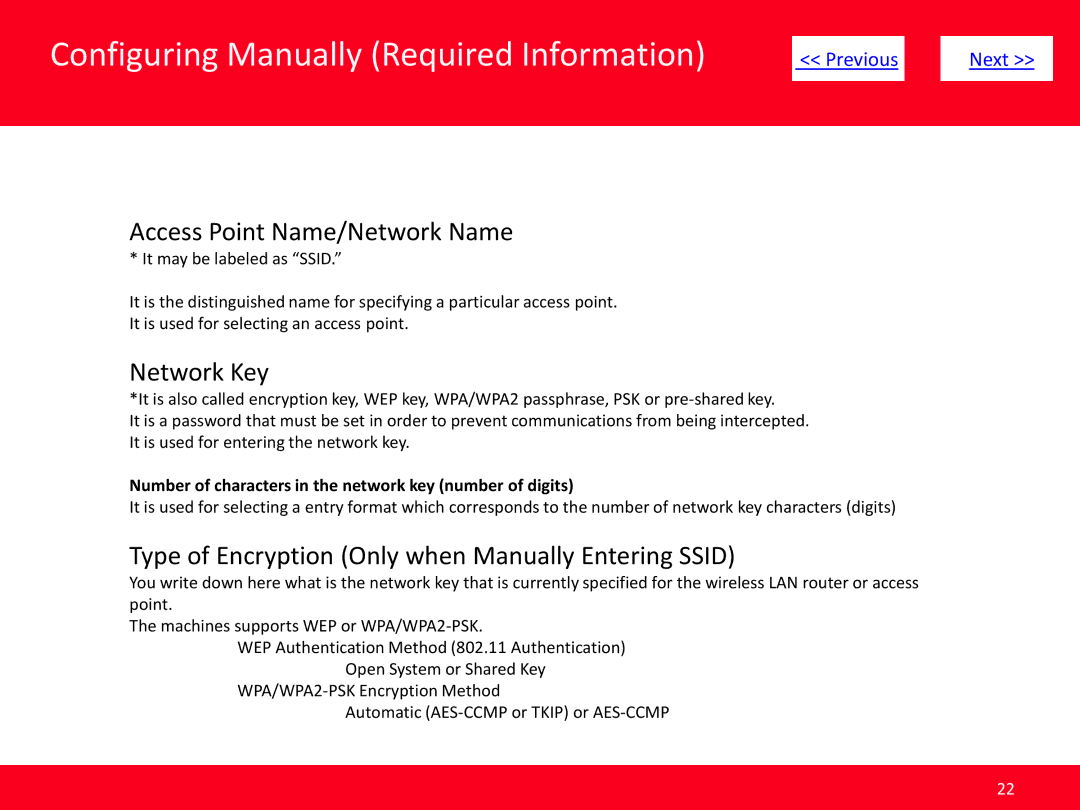 Canon MF4570dw manual Configuring Manually Required Information, Access Point Name/Network Name, Network Key 