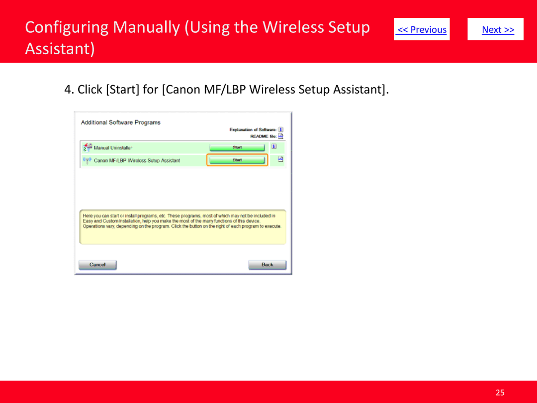 Canon MF4570dw manual Click Start for Canon MF/LBP Wireless Setup Assistant 