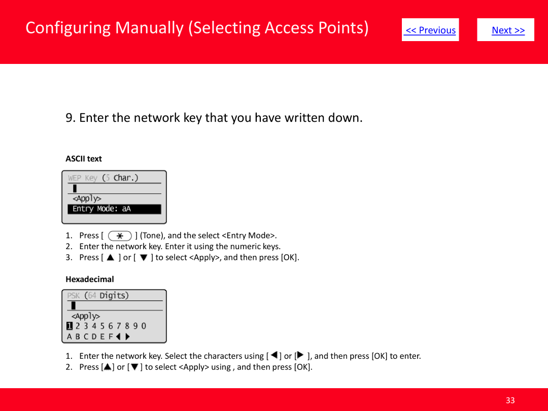 Canon MF4570dw manual Enter the network key that you have written down, Ascii text 