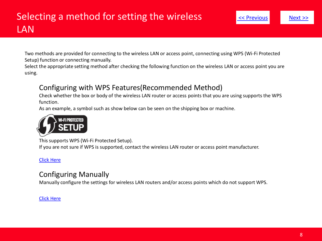 Canon MF4570dw manual Selecting a method for setting the wireless, Configuring with WPS FeaturesRecommended Method 