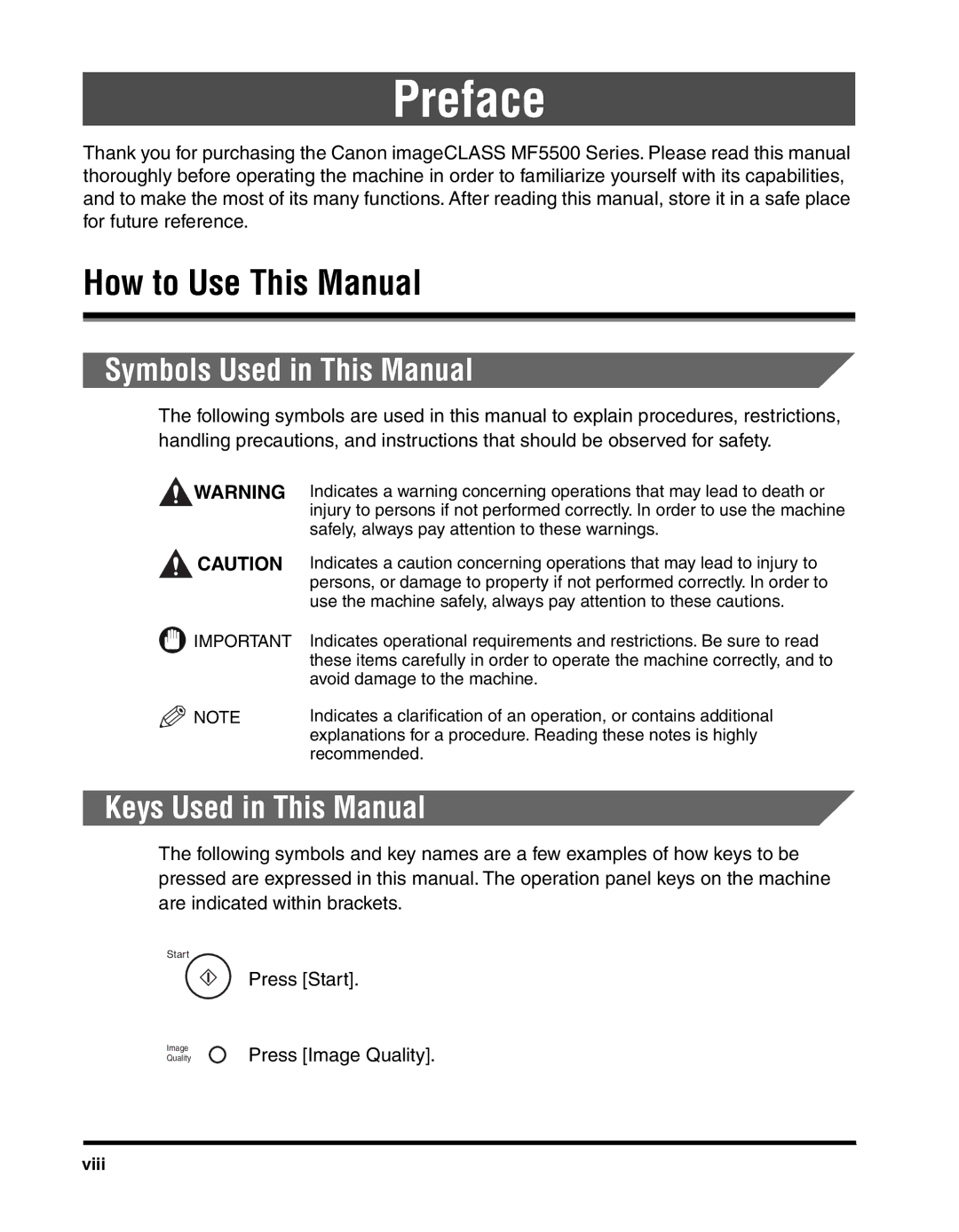 Canon MF55DD Series manual How to Use This Manual, Symbols Used in This Manual, Keys Used in This Manual, Viii 