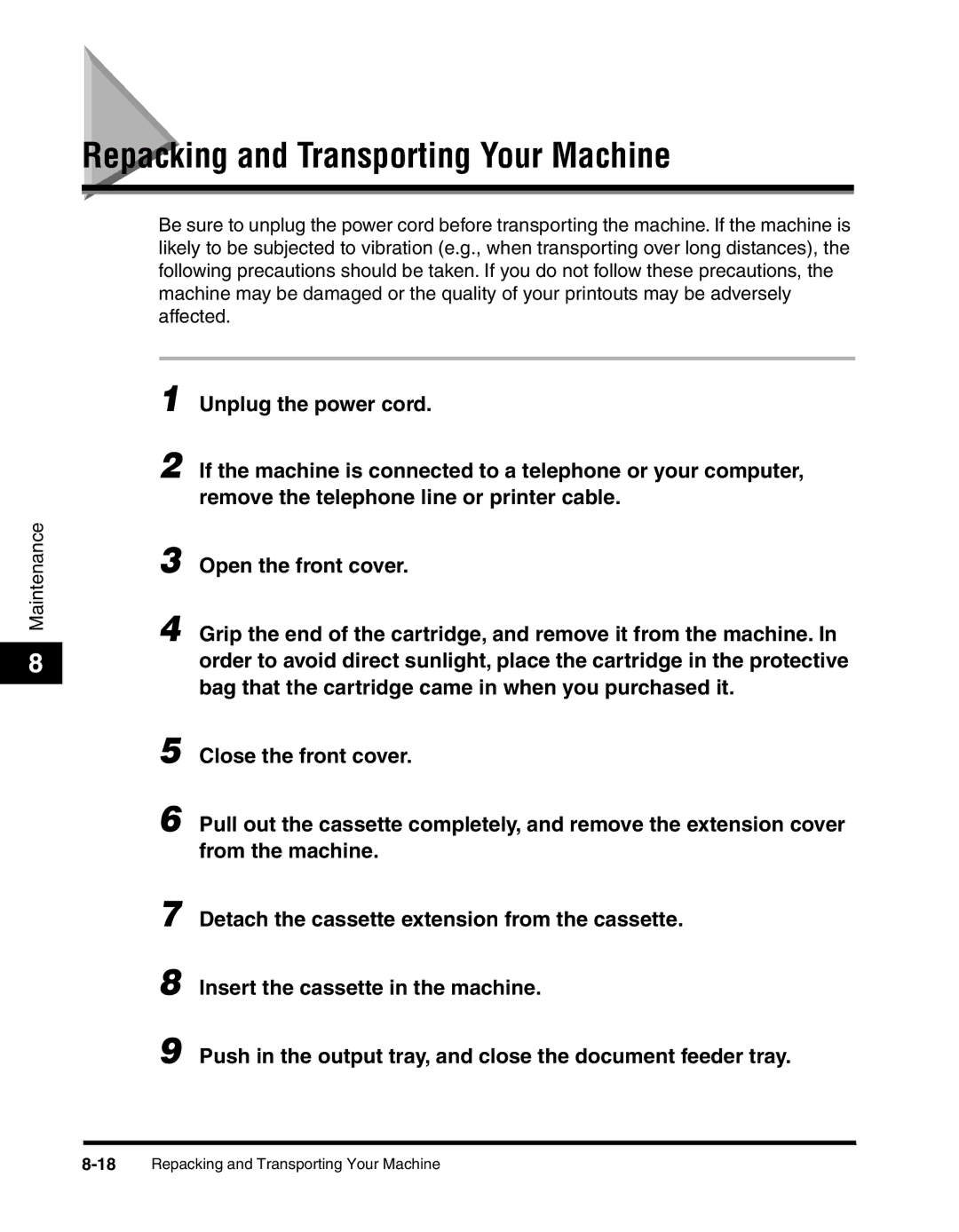 Canon MF55DD Series manual Repacking and Transporting Your Machine 