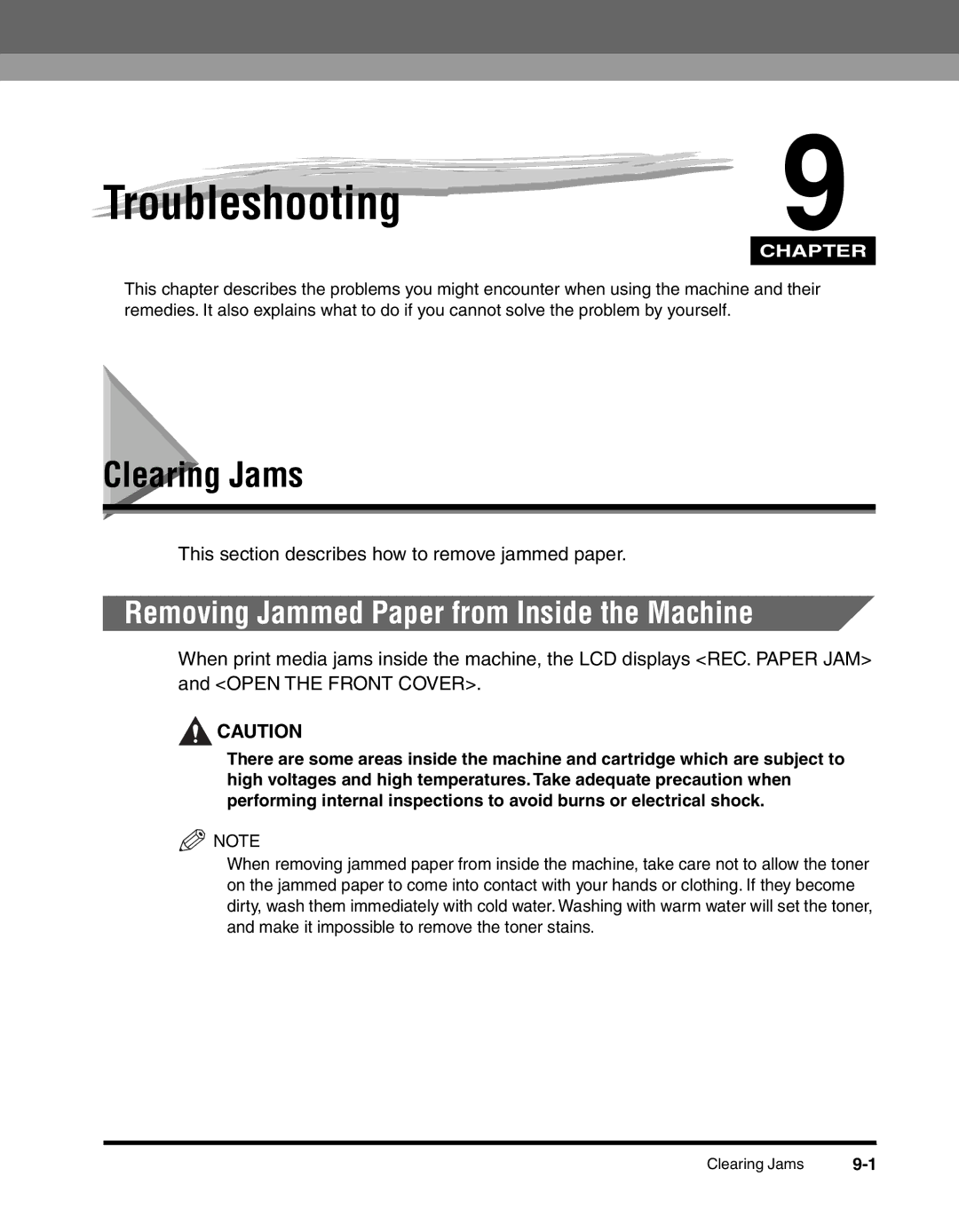 Canon MF55DD Series manual Clearing Jams, Removing Jammed Paper from Inside the Machine 