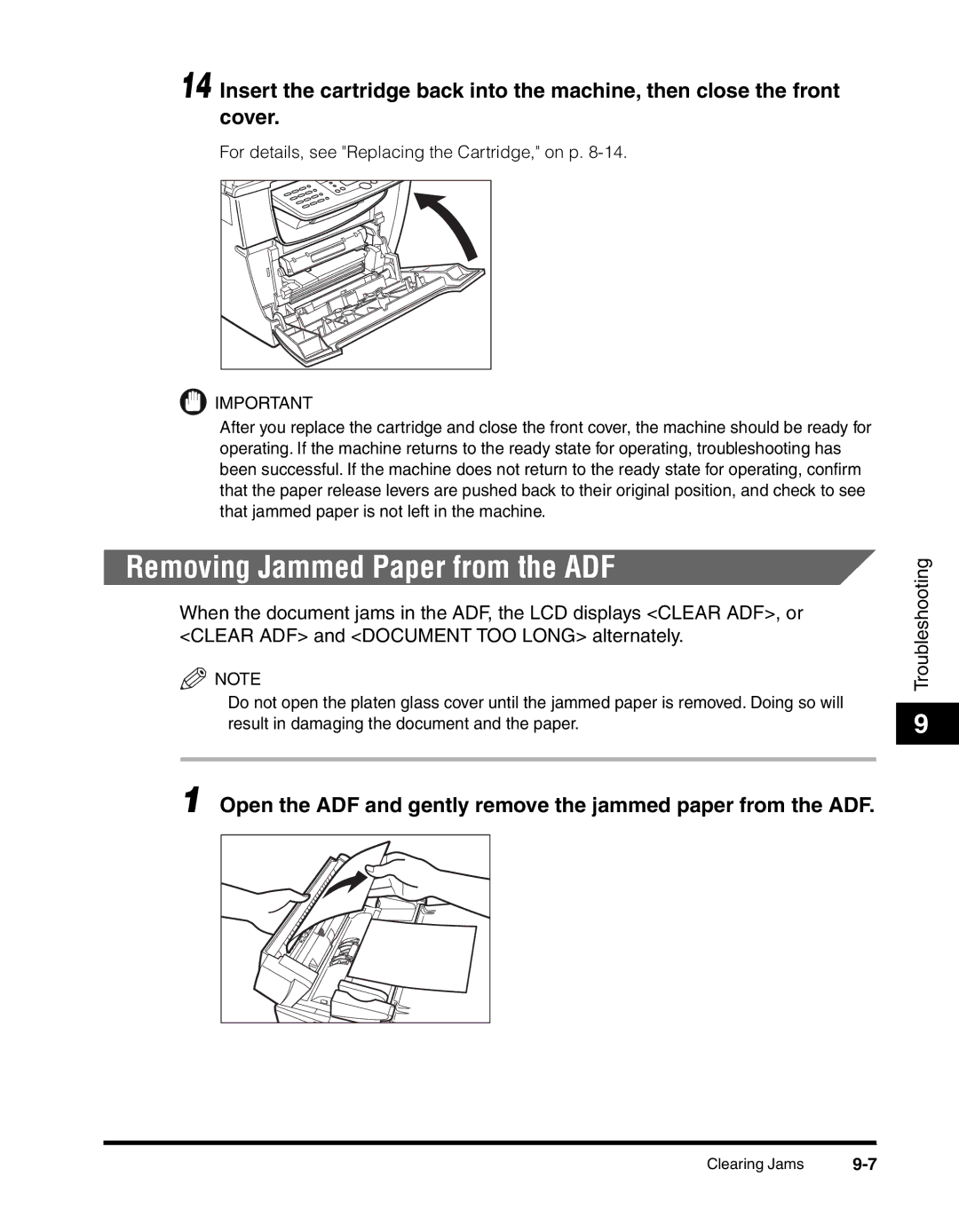 Canon MF55DD Series manual Removing Jammed Paper from the ADF, Open the ADF and gently remove the jammed paper from the ADF 