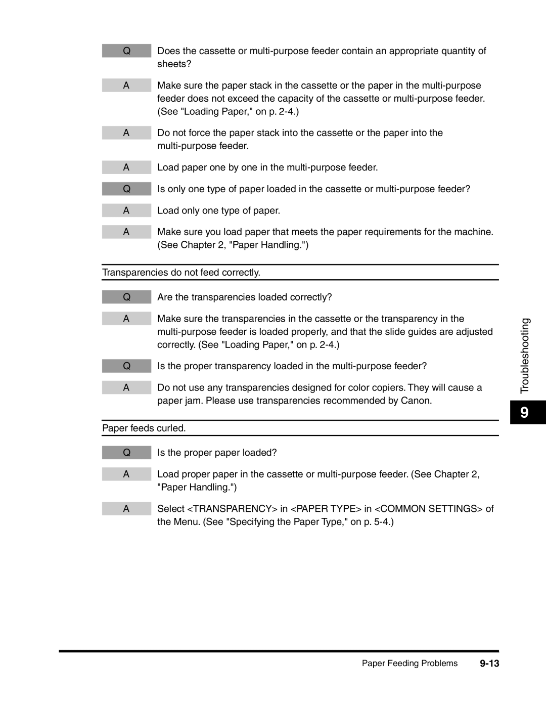 Canon MF55DD Series manual Paper Feeding Problems 