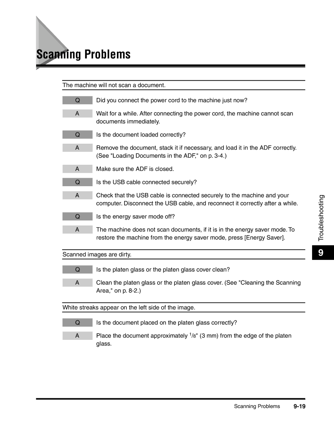 Canon MF55DD Series manual Scanning Problems, Is the energy saver mode off? 