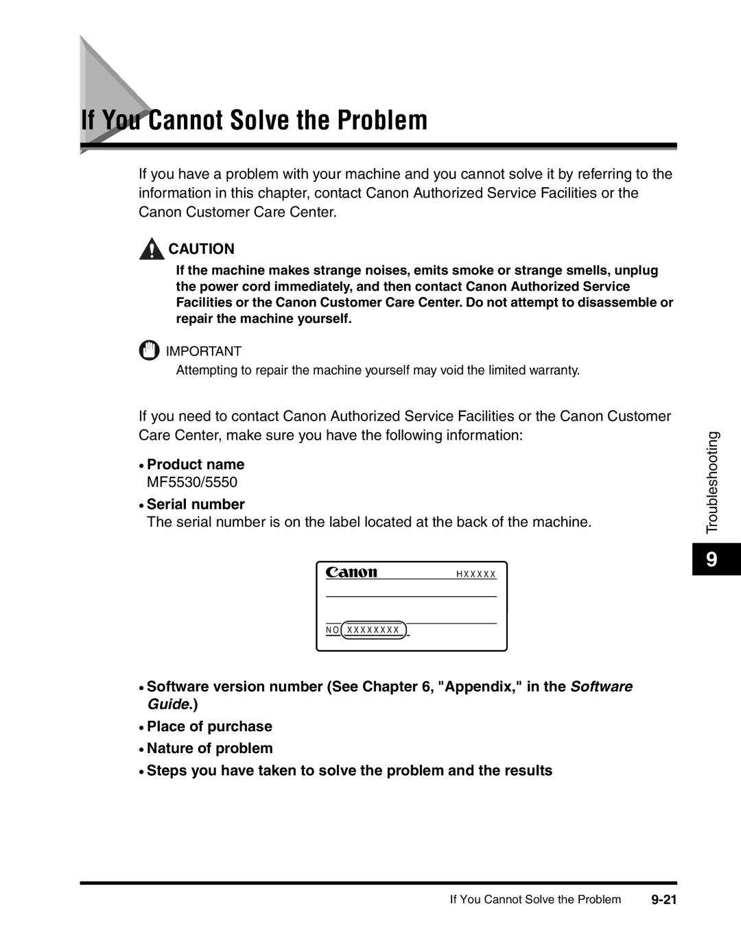 Canon MF55DD Series manual If You Cannot Solve the Problem, Product name MF5530/5550 Serial number 