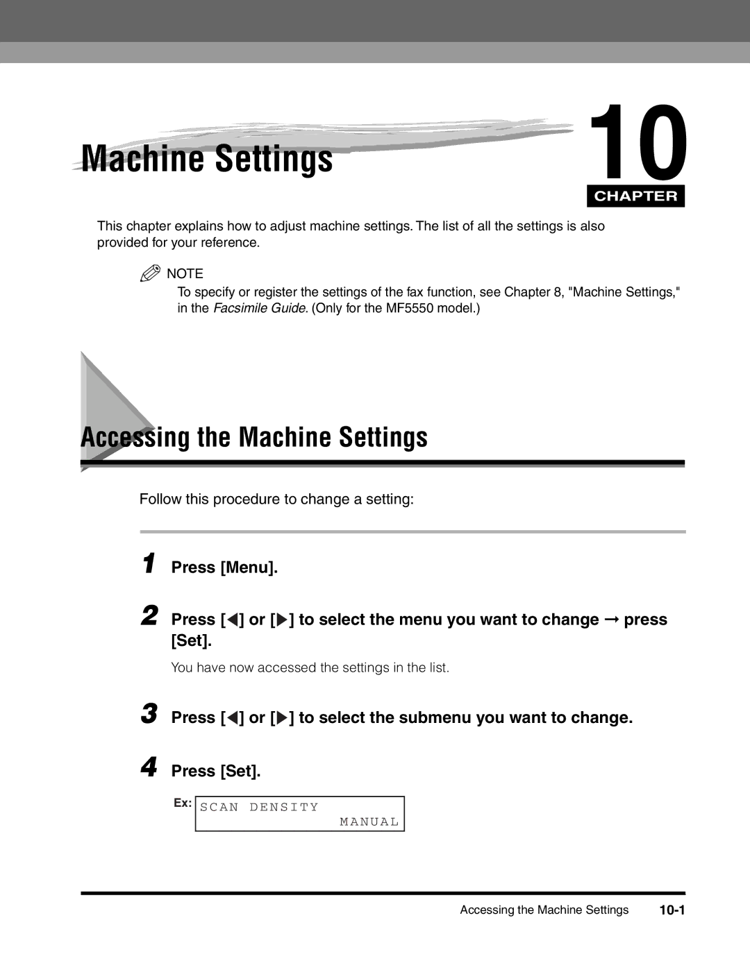 Canon MF55DD Series Accessing the Machine Settings, Press or to select the submenu you want to change Press Set, 10-1 