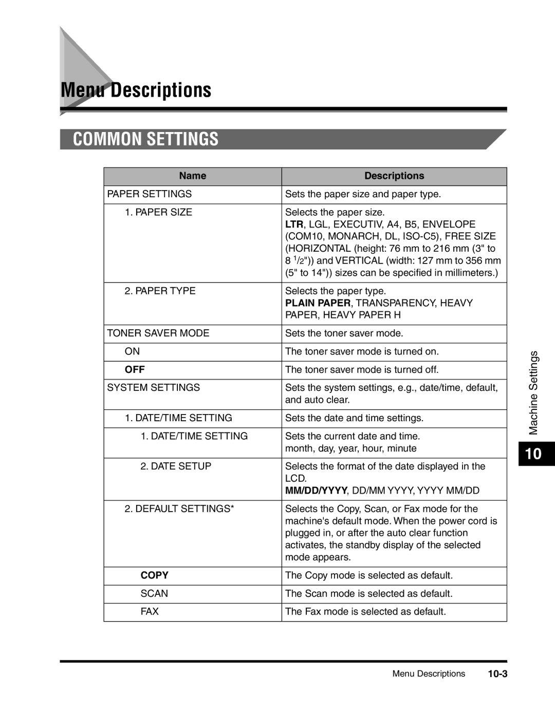 Canon MF55DD Series manual Menu Descriptions, Name Descriptions, 10-3 