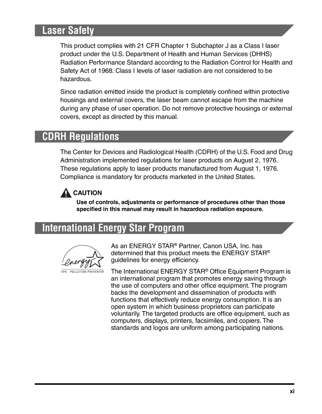 Canon MF55DD Series manual Laser Safety, Cdrh Regulations, International Energy Star Program 