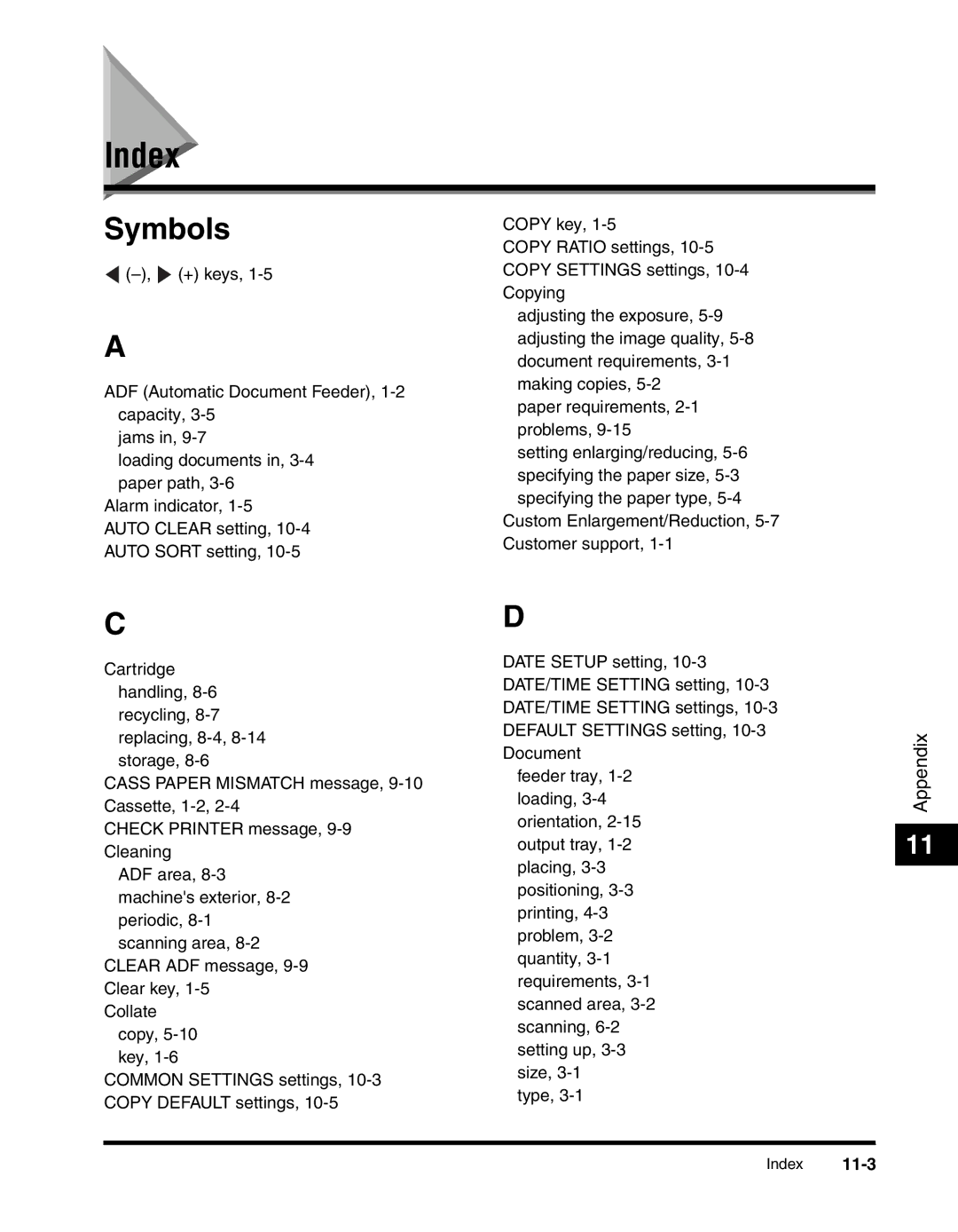 Canon MF55DD Series manual Index, Symbols 