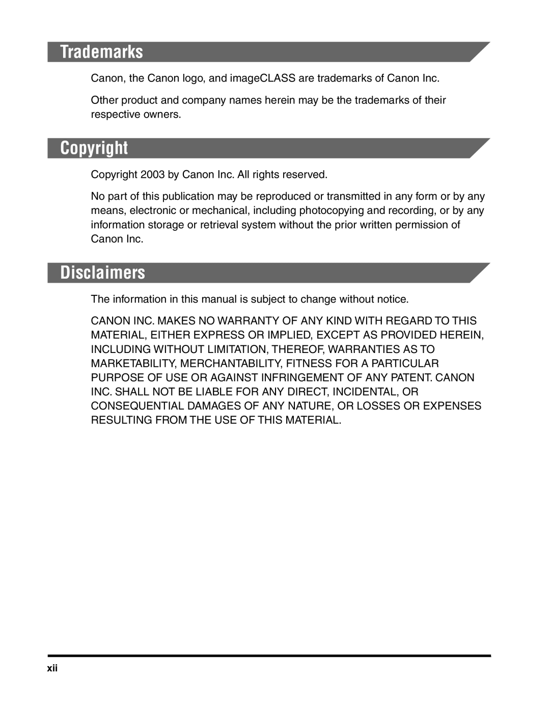 Canon MF55DD Series manual Trademarks, Copyright, Disclaimers, Xii 