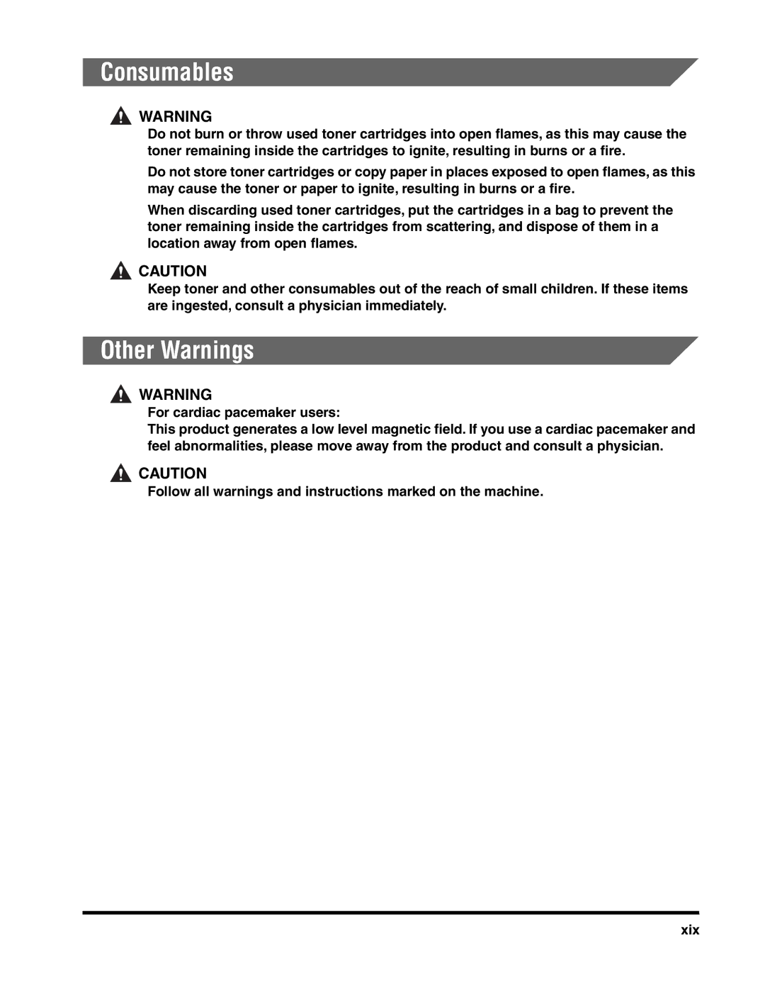 Canon MF55DD Series manual Consumables, Other Warnings 