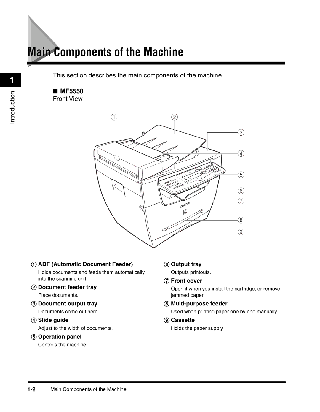 Canon MF55DD Series manual Main Components of the Machine, MF5550 Front View 