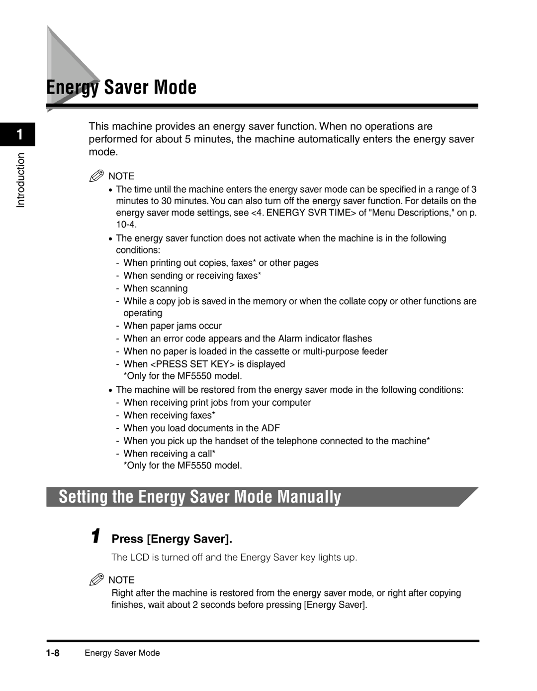 Canon MF55DD Series manual Setting the Energy Saver Mode Manually, Press Energy Saver 