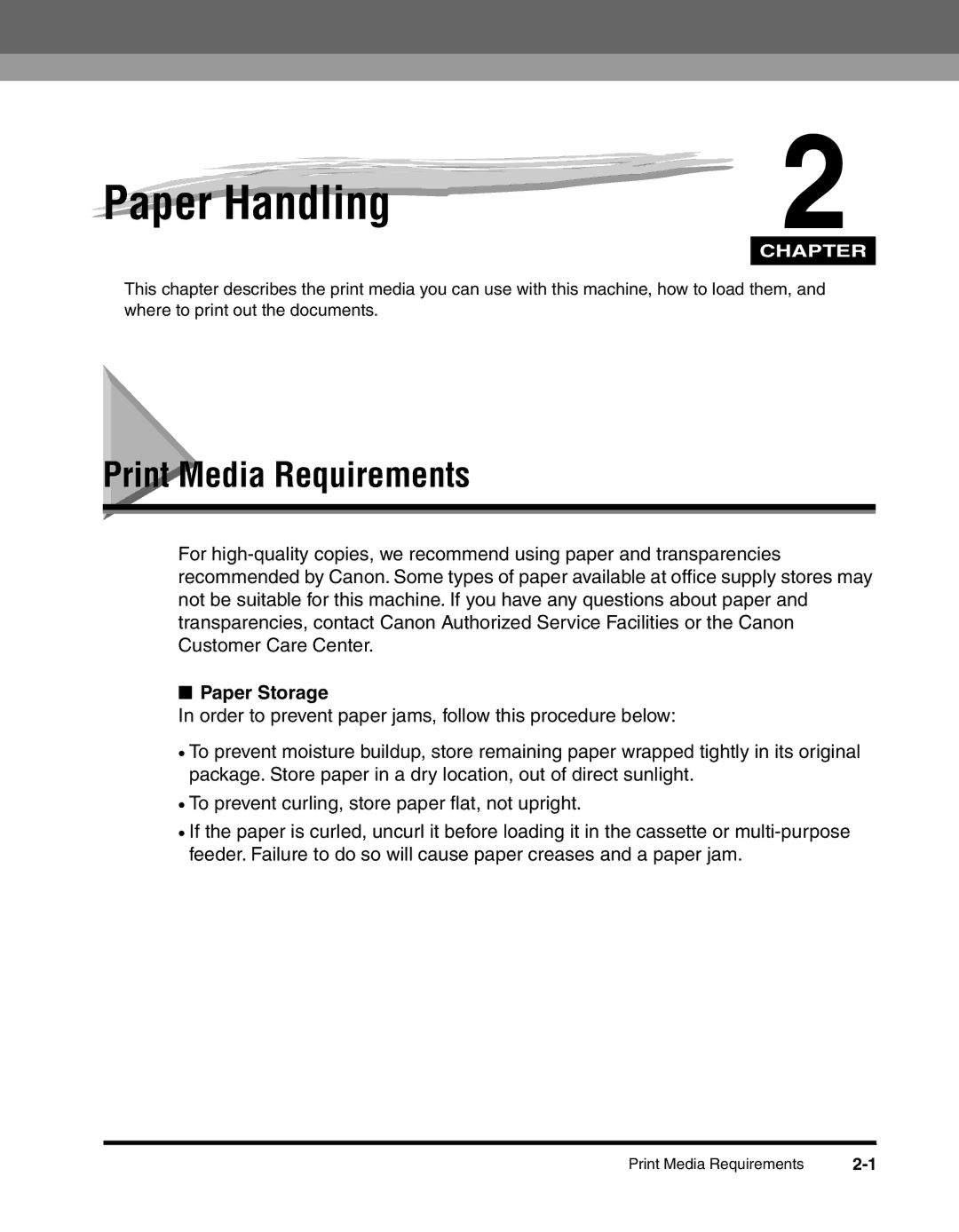 Canon MF55DD Series manual Print Media Requirements, Paper Storage 