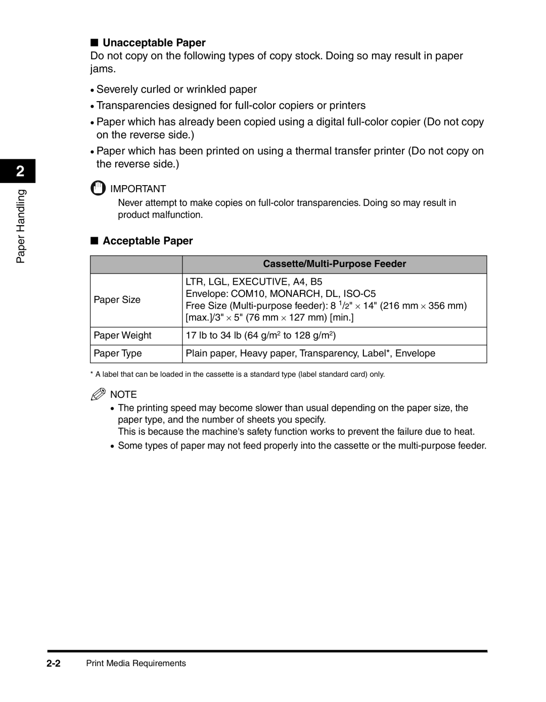 Canon MF55DD Series manual Unacceptable Paper, Acceptable Paper, Cassette/Multi-Purpose Feeder 