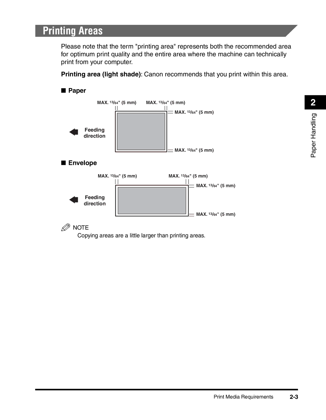 Canon MF55DD Series manual Printing Areas, Paper, Envelope 