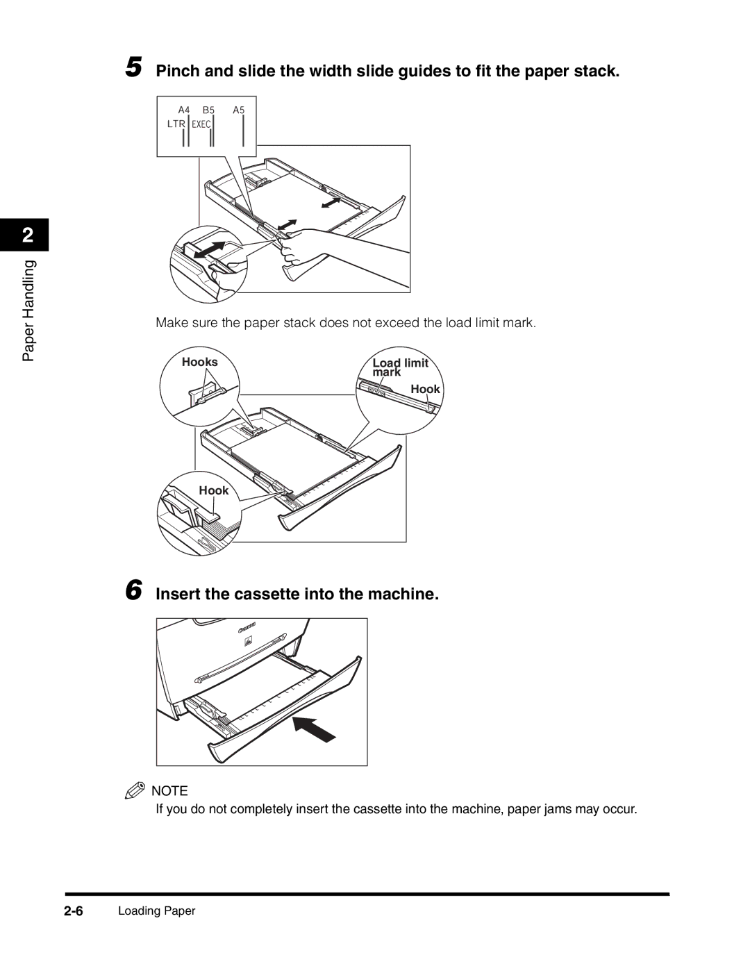 Canon MF55DD Series Pinch and slide the width slide guides to ﬁt the paper stack, Insert the cassette into the machine 