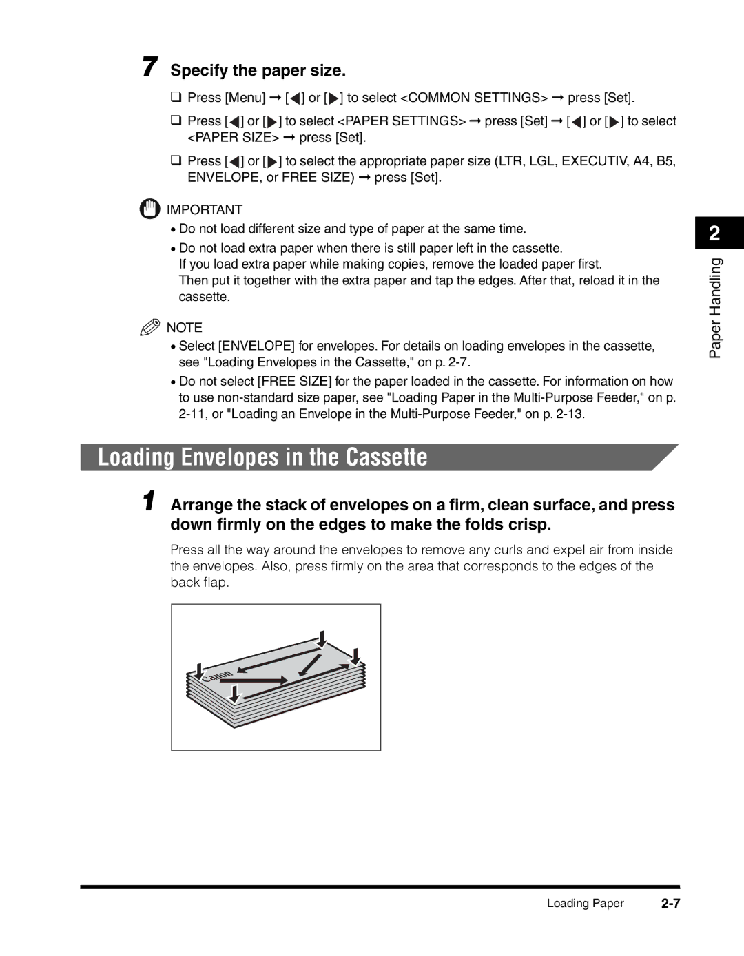 Canon MF55DD Series manual Loading Envelopes in the Cassette, Specify the paper size 