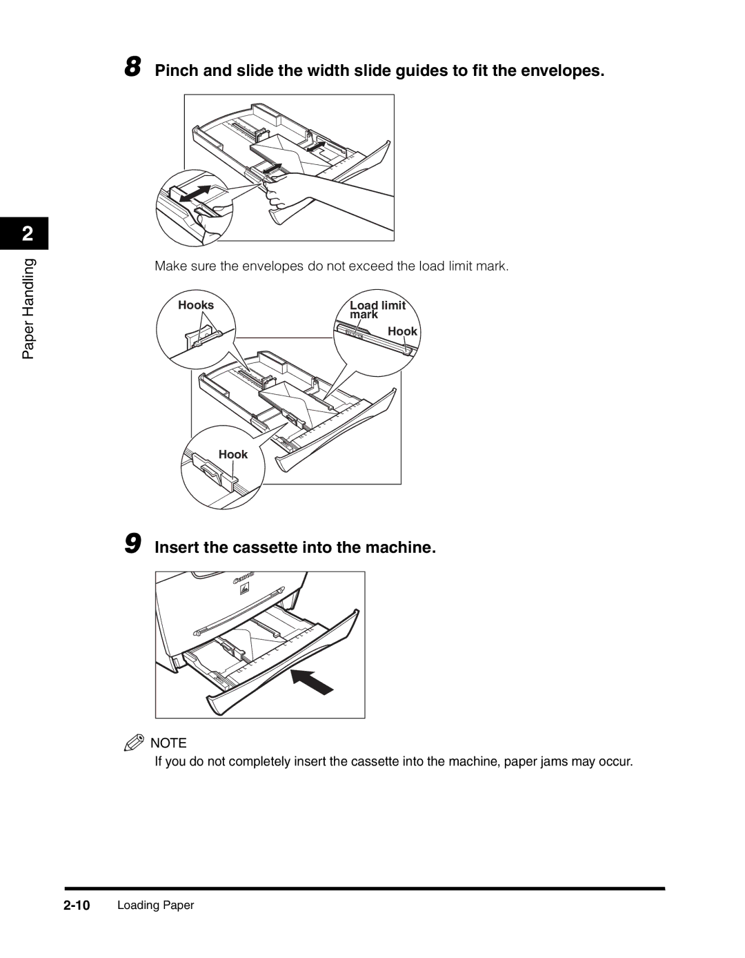 Canon MF55DD Series manual Pinch and slide the width slide guides to ﬁt the envelopes, Insert the cassette into the machine 