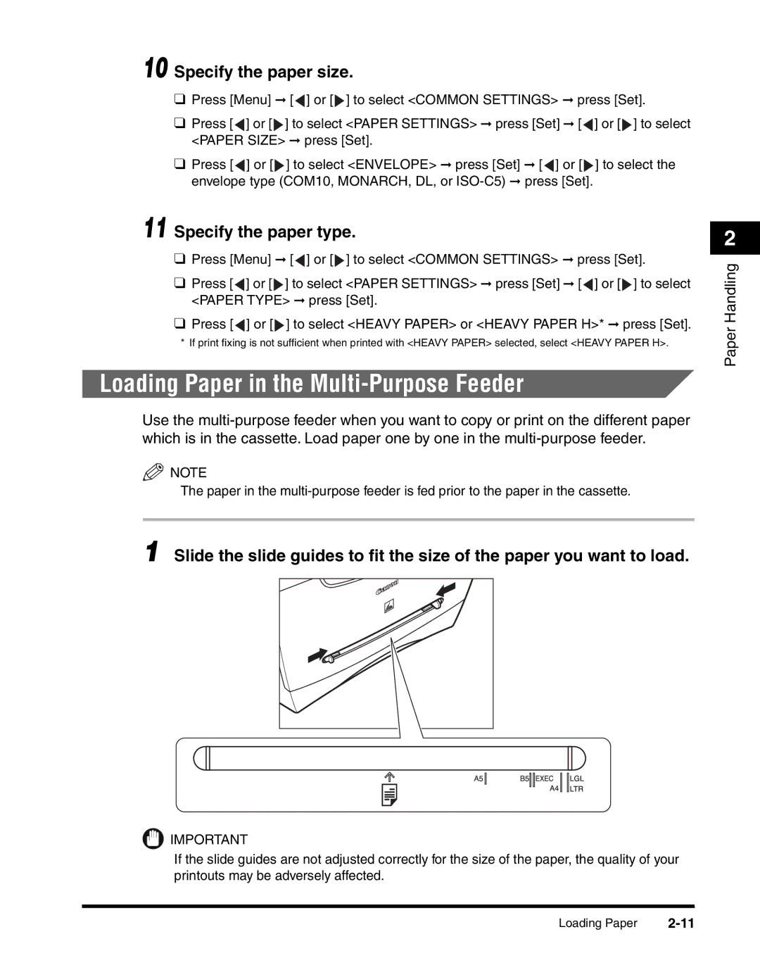 Canon MF55DD Series manual Loading Paper in the Multi-Purpose Feeder, Specify the paper type 