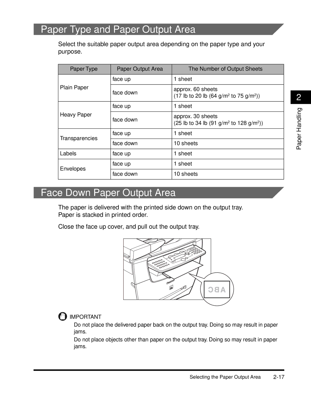 Canon MF55DD Series manual Paper Type and Paper Output Area, Face Down Paper Output Area 