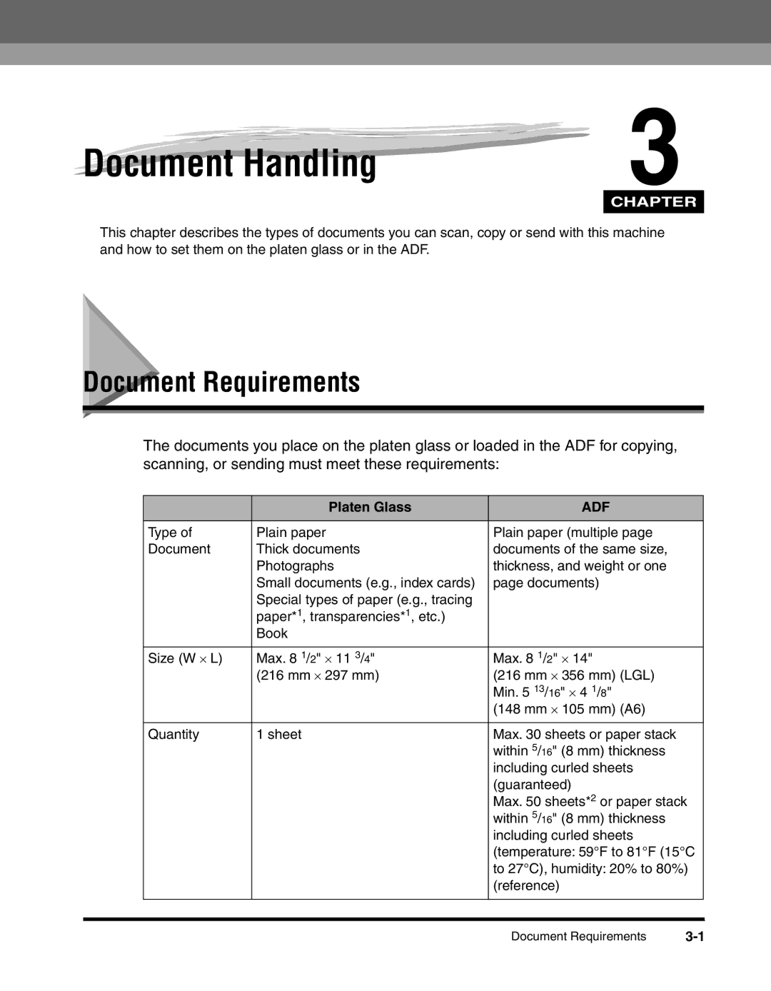 Canon MF55DD Series manual Document Requirements, Platen Glass 