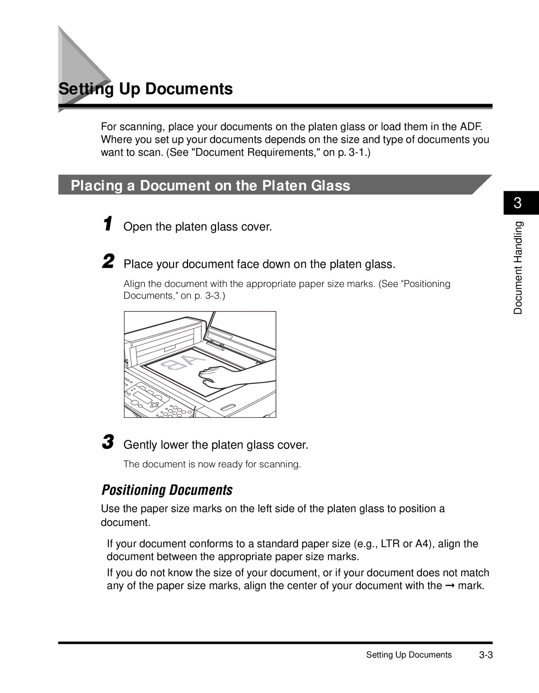 Canon MF55DD Series Setting Up Documents, Placing a Document on the Platen Glass, Gently lower the platen glass cover 