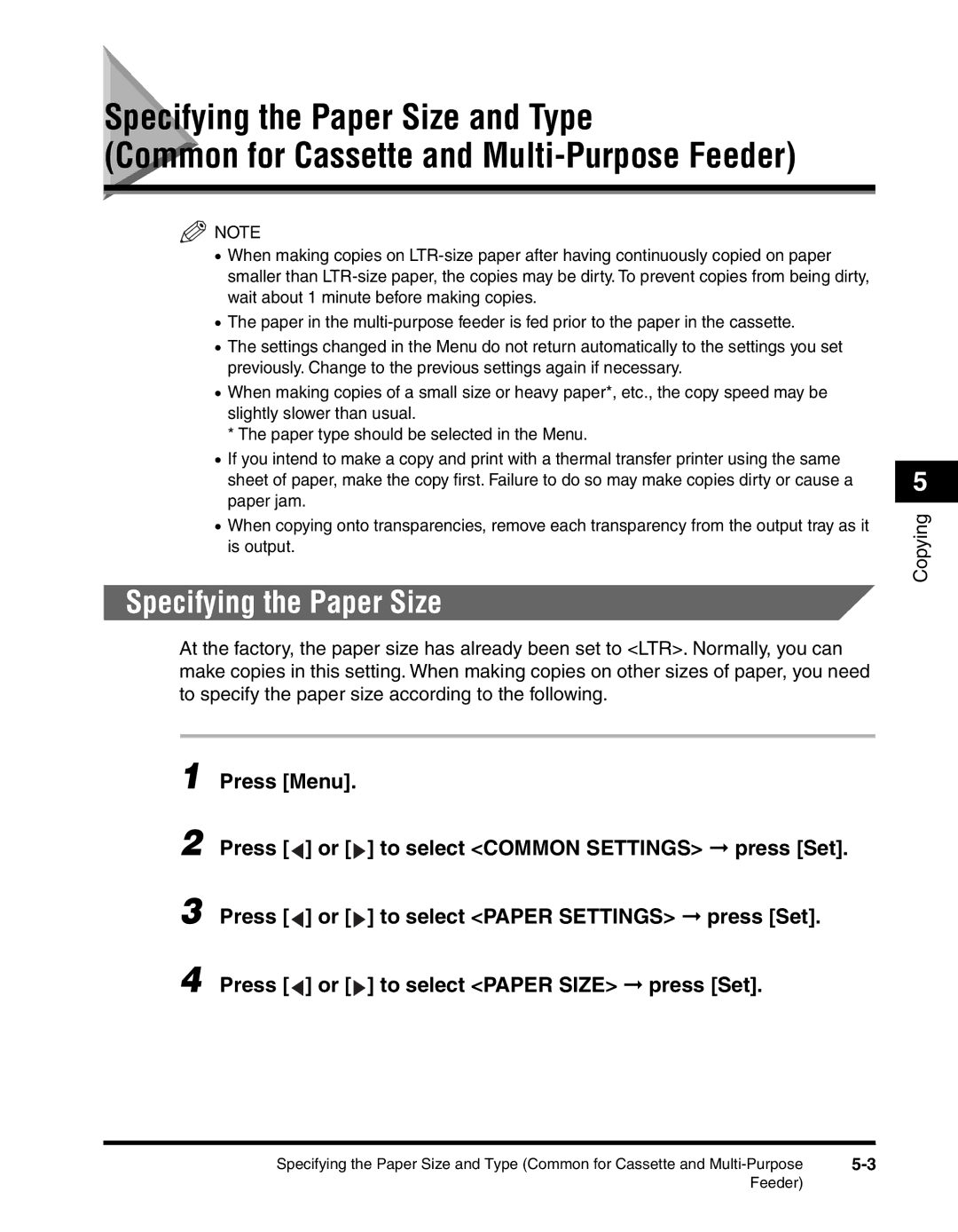 Canon MF55DD Series manual Specifying the Paper Size and Type 