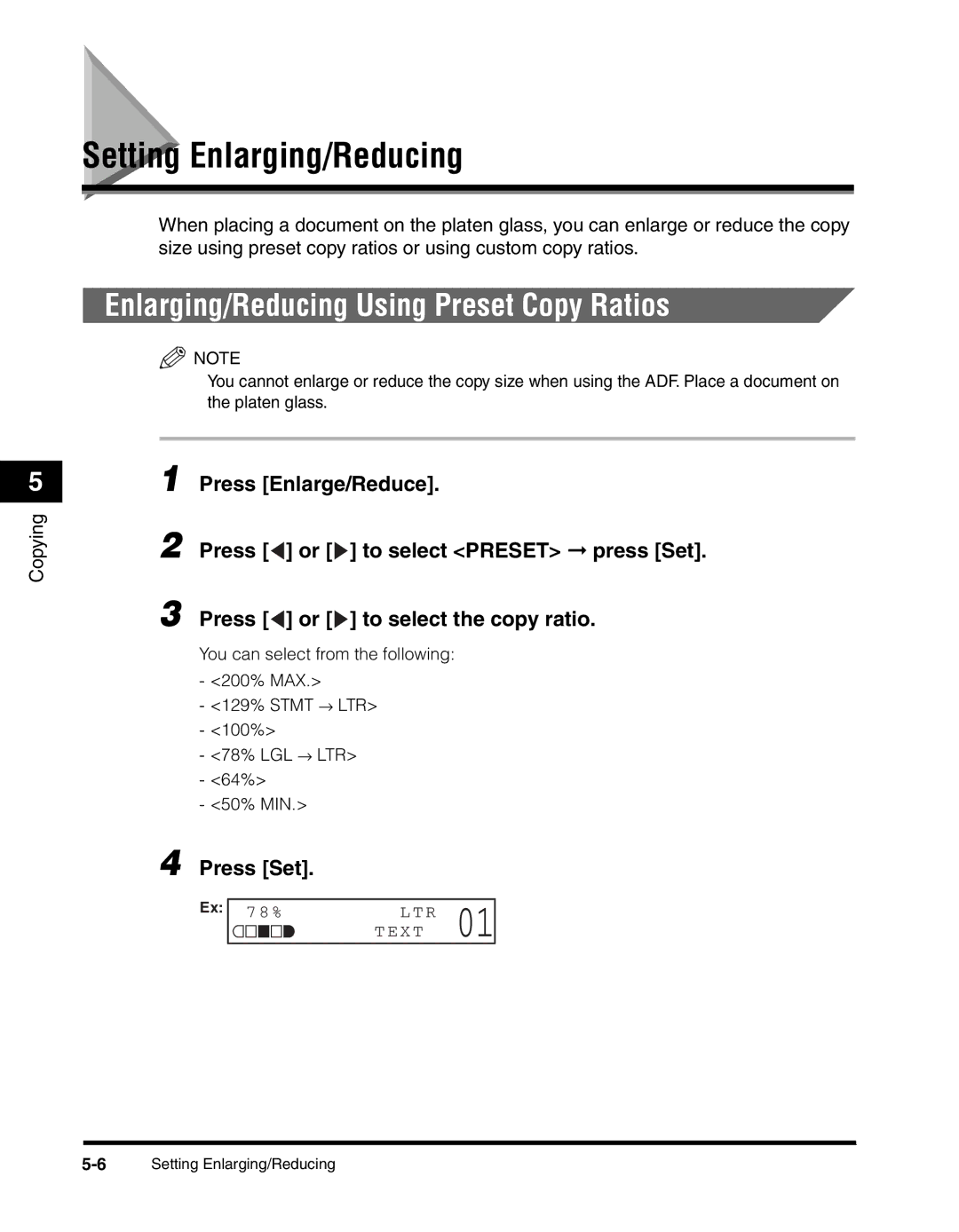 Canon MF55DD Series manual Press Enlarge/Reduce, Press To select the copy ratio, Copying 