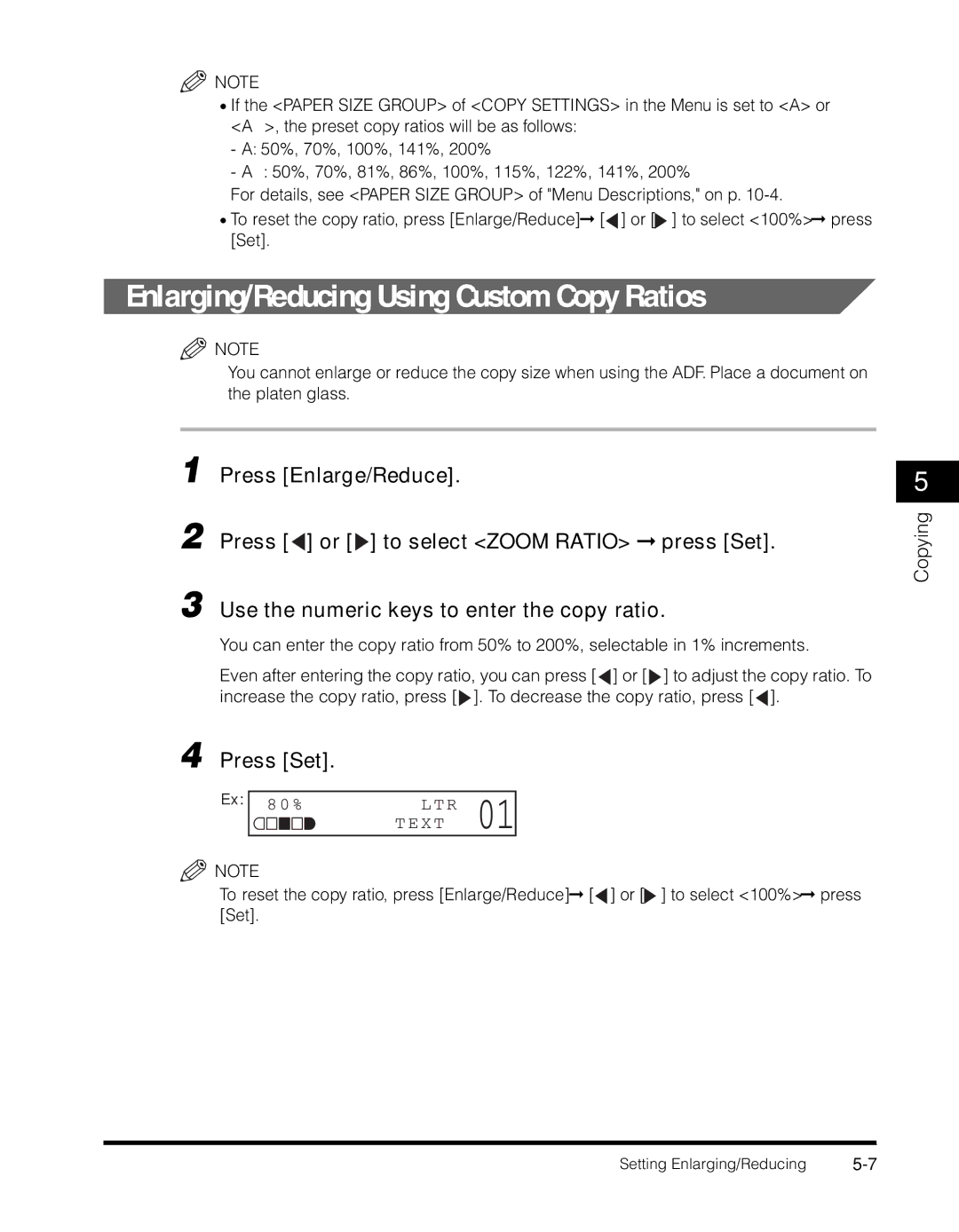 Canon MF55DD Series manual Enlarging/Reducing Using Custom Copy Ratios, Press Set 