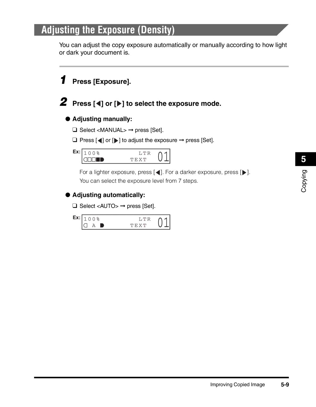 Canon MF55DD Series manual Adjusting the Exposure Density, Press Exposure Press or to select the exposure mode 