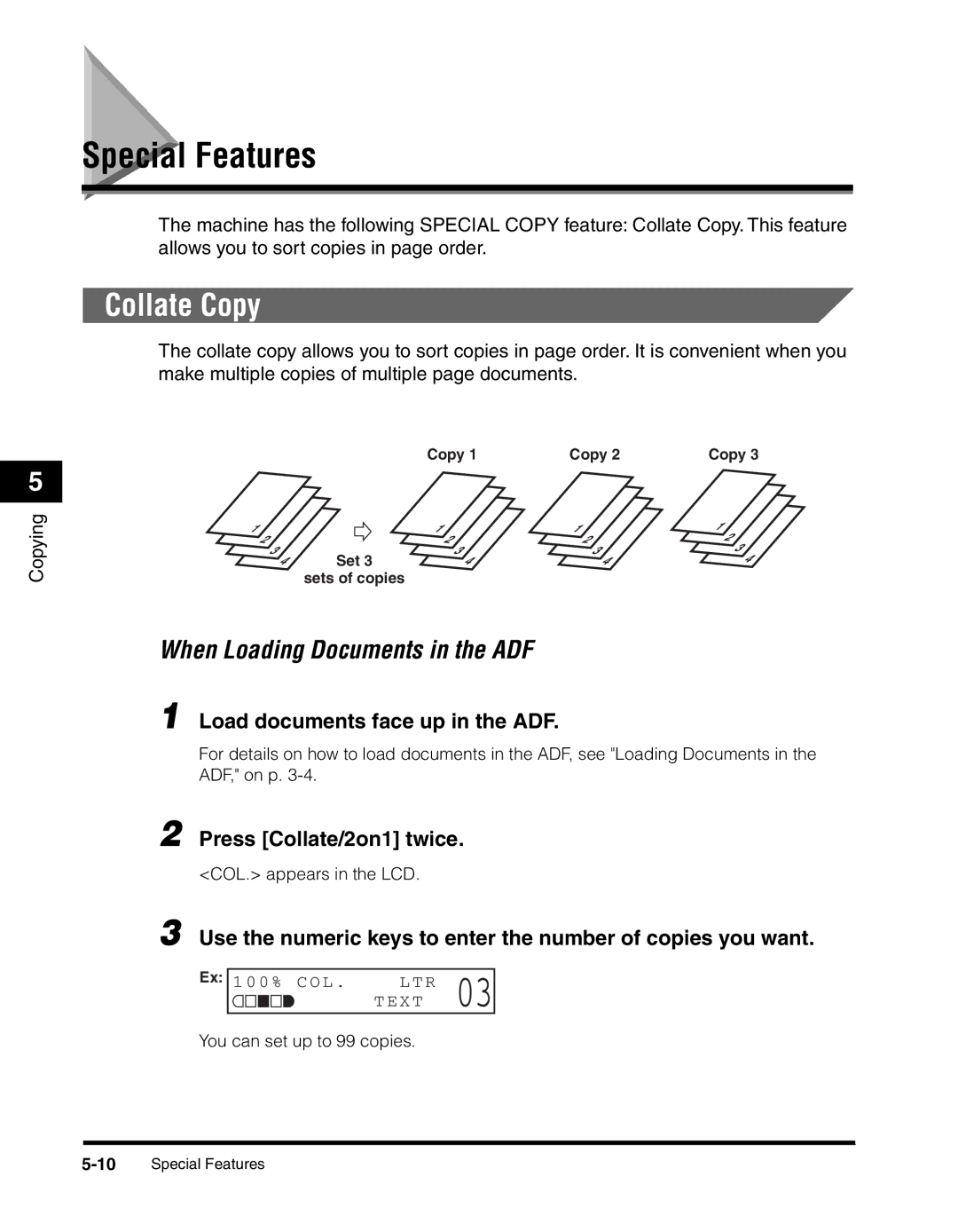 Canon MF55DD Series manual Special Features, Collate Copy, Load documents face up in the ADF, Press Collate/2on1 twice 