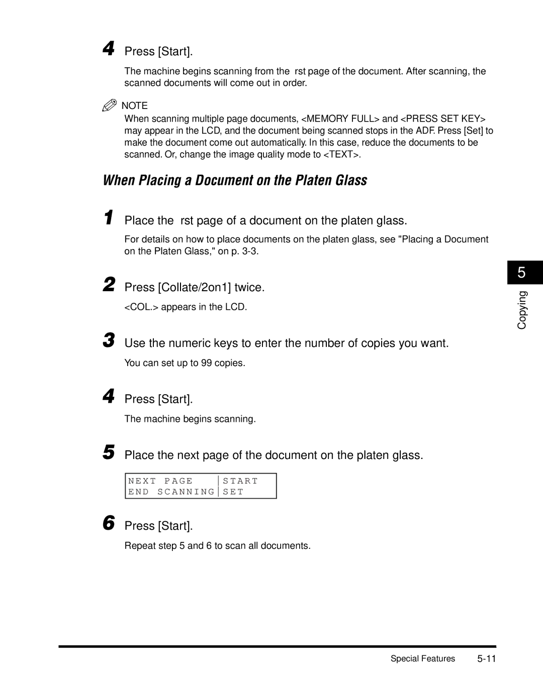 Canon MF55DD Series manual Press Start, Place the ﬁrst page of a document on the platen glass 