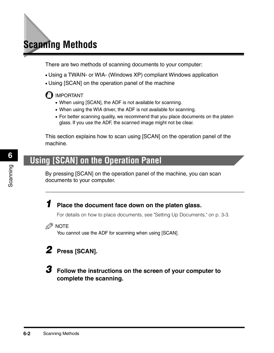 Canon MF55DD Series Scanning Methods, Using Scan on the Operation Panel, Place the document face down on the platen glass 