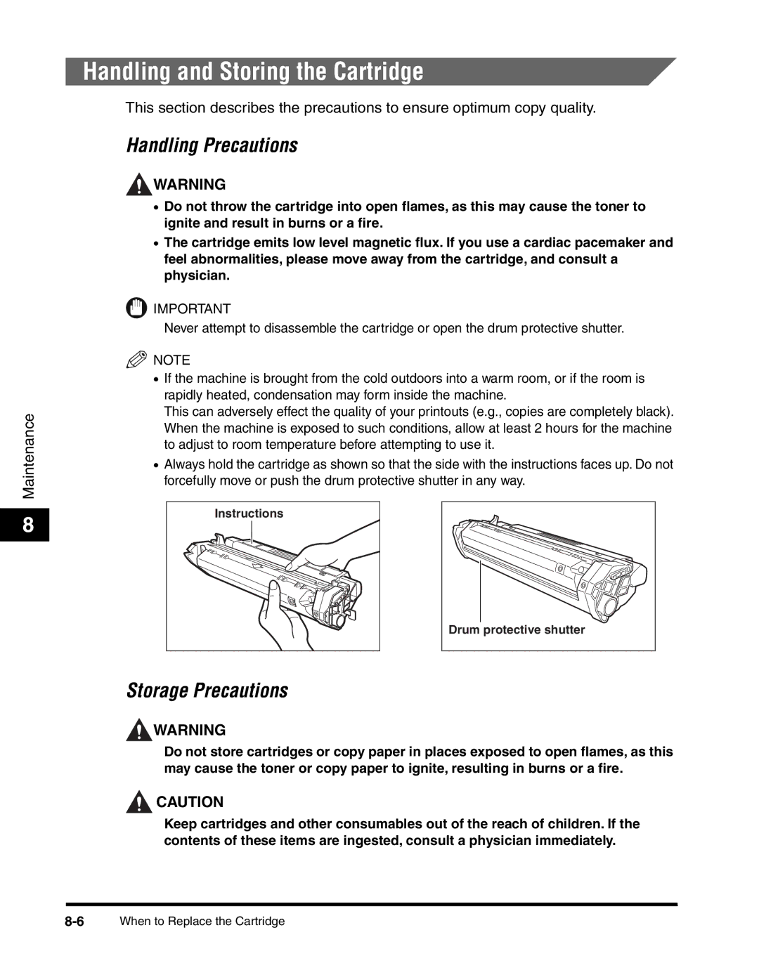 Canon MF55DD Series manual Handling and Storing the Cartridge, Handling Precautions 