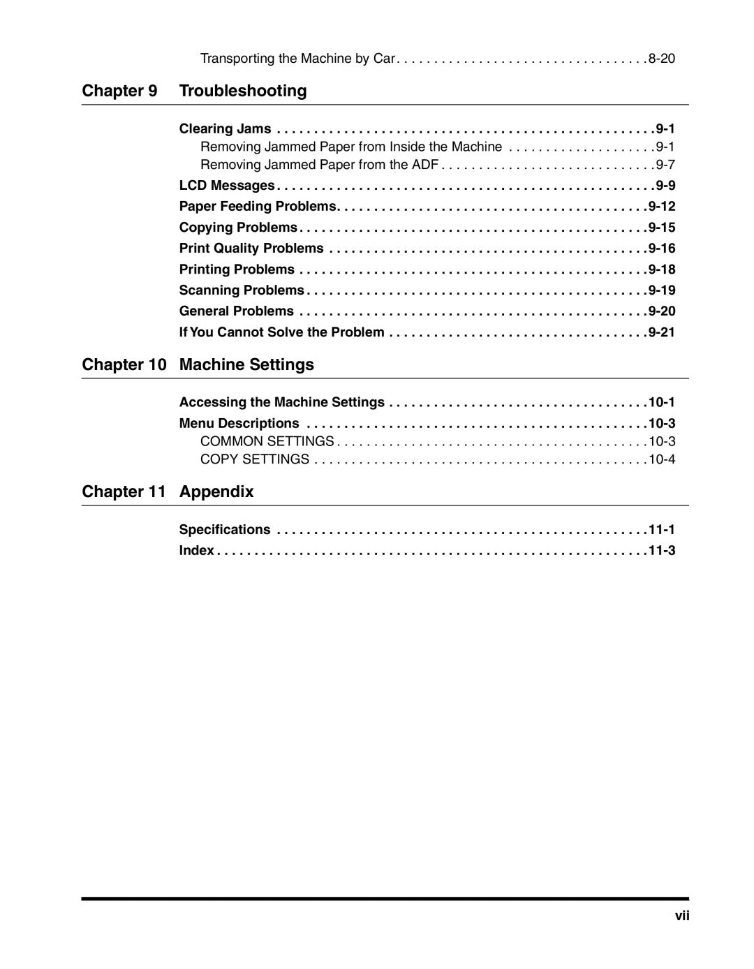 Canon MF55DD Series manual Troubleshooting, Machine Settings, Appendix, Clearing Jams 