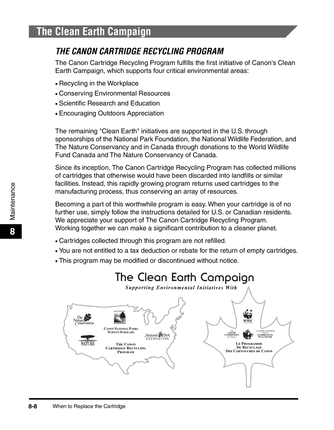 Canon MF55DD Series manual Clean Earth Campaign, Canon Cartridge Recycling Program 