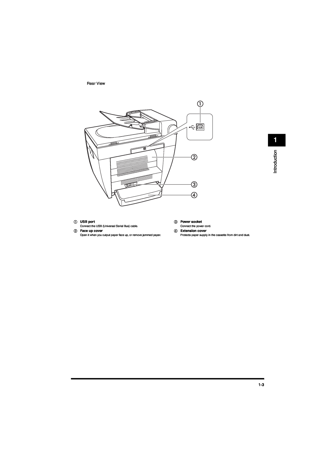 Canon MF5650 manual Introduction, Rear View, a USB port, c Power socket, b Face up cover, d Extension cover 
