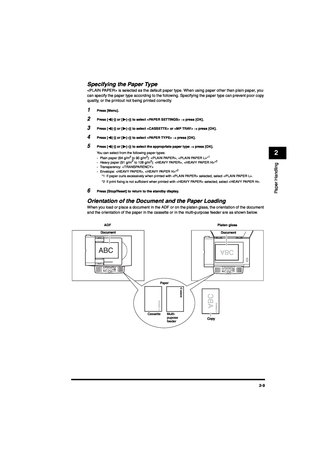 Canon MF5650 manual Specifying the Paper Type, Orientation of the Document and the Paper Loading, Paper Handling 