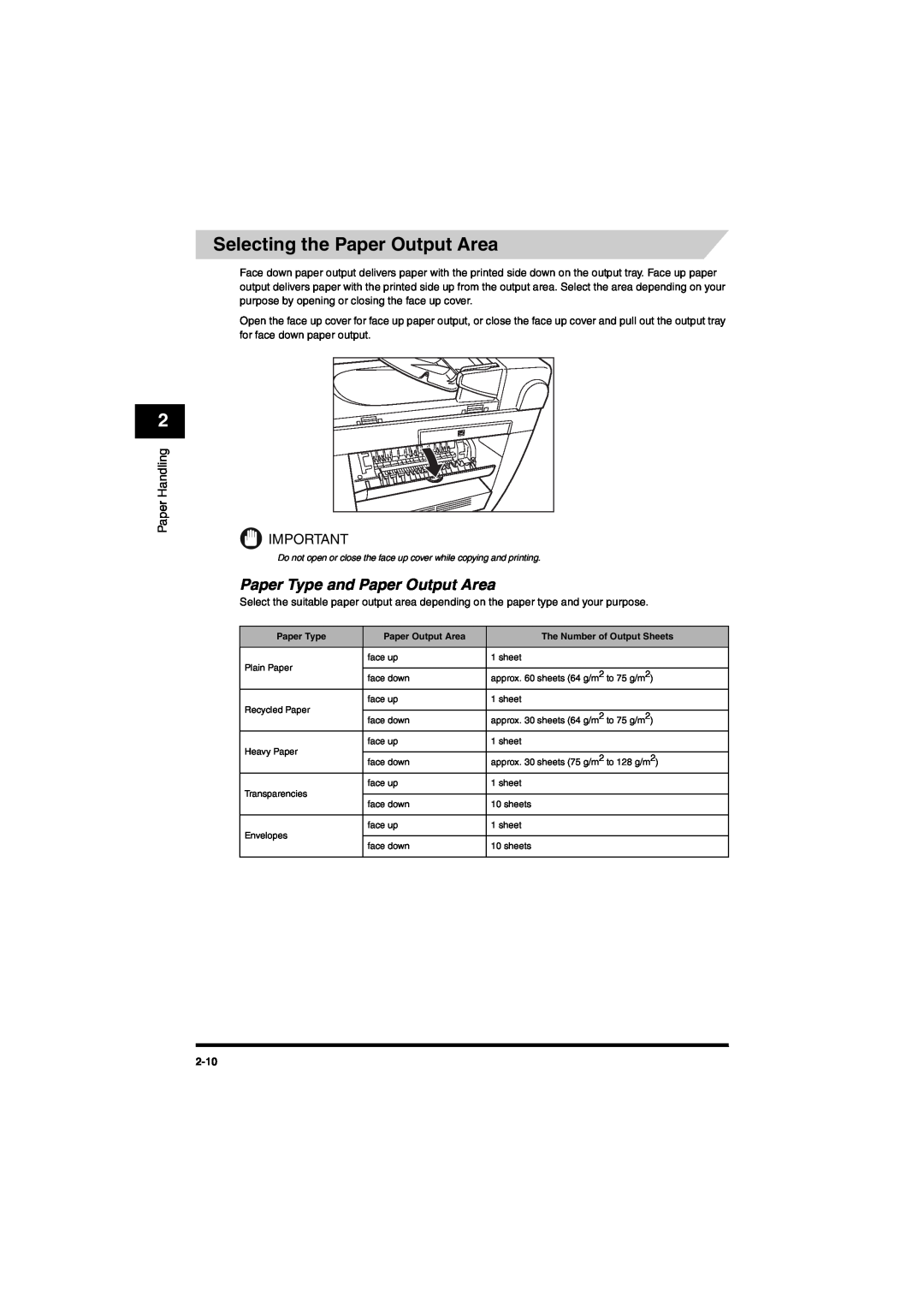 Canon MF5650 manual Selecting the Paper Output Area, Paper Type and Paper Output Area, Paper Handling 