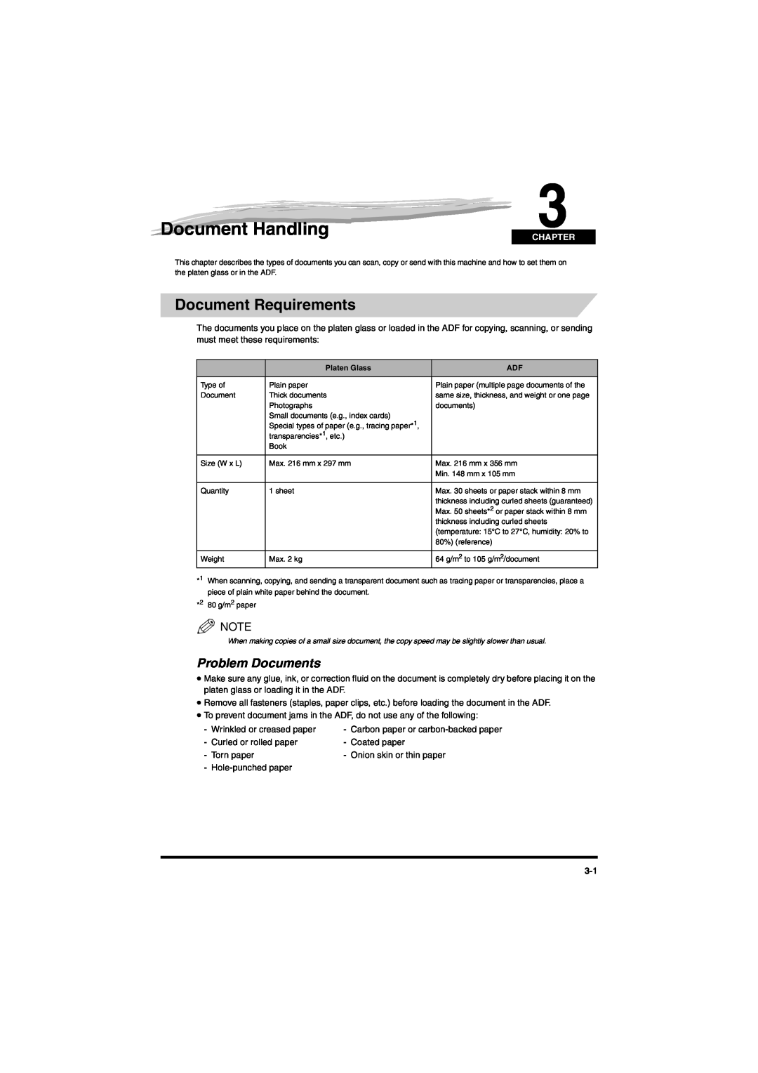 Canon MF5650 manual Document Handling, Document Requirements, Problem Documents, Chapter 