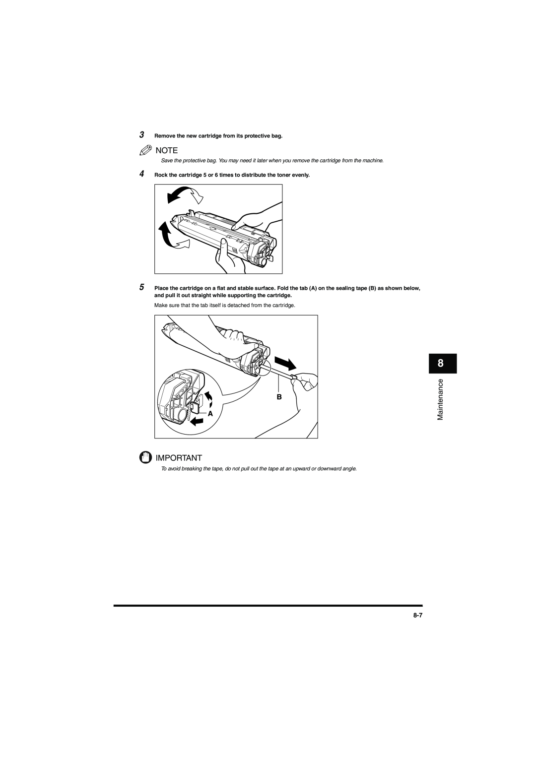 Canon MF5650 manual Maintenance, Make sure that the tab itself is detached from the cartridge 
